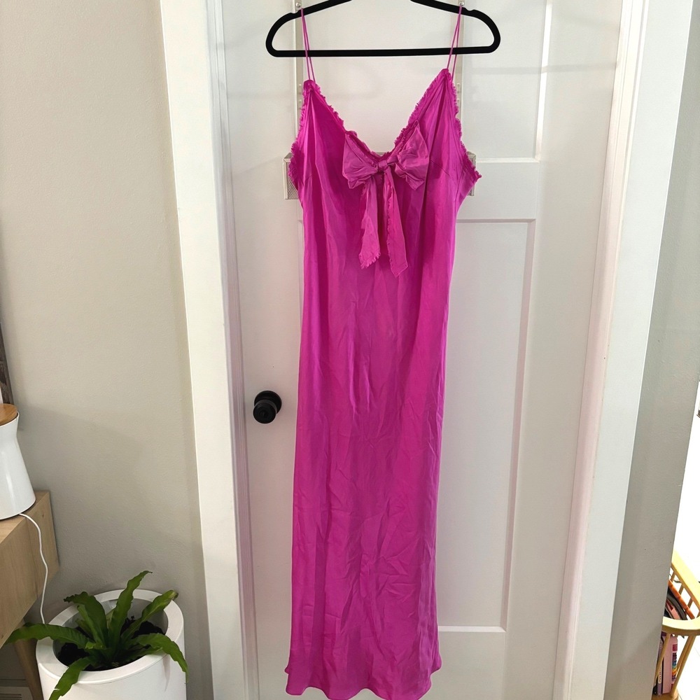LoveShackFancy Luciole Bow Maxi Dress 100% Silk Pink BARBIE Coquette Gown XXL